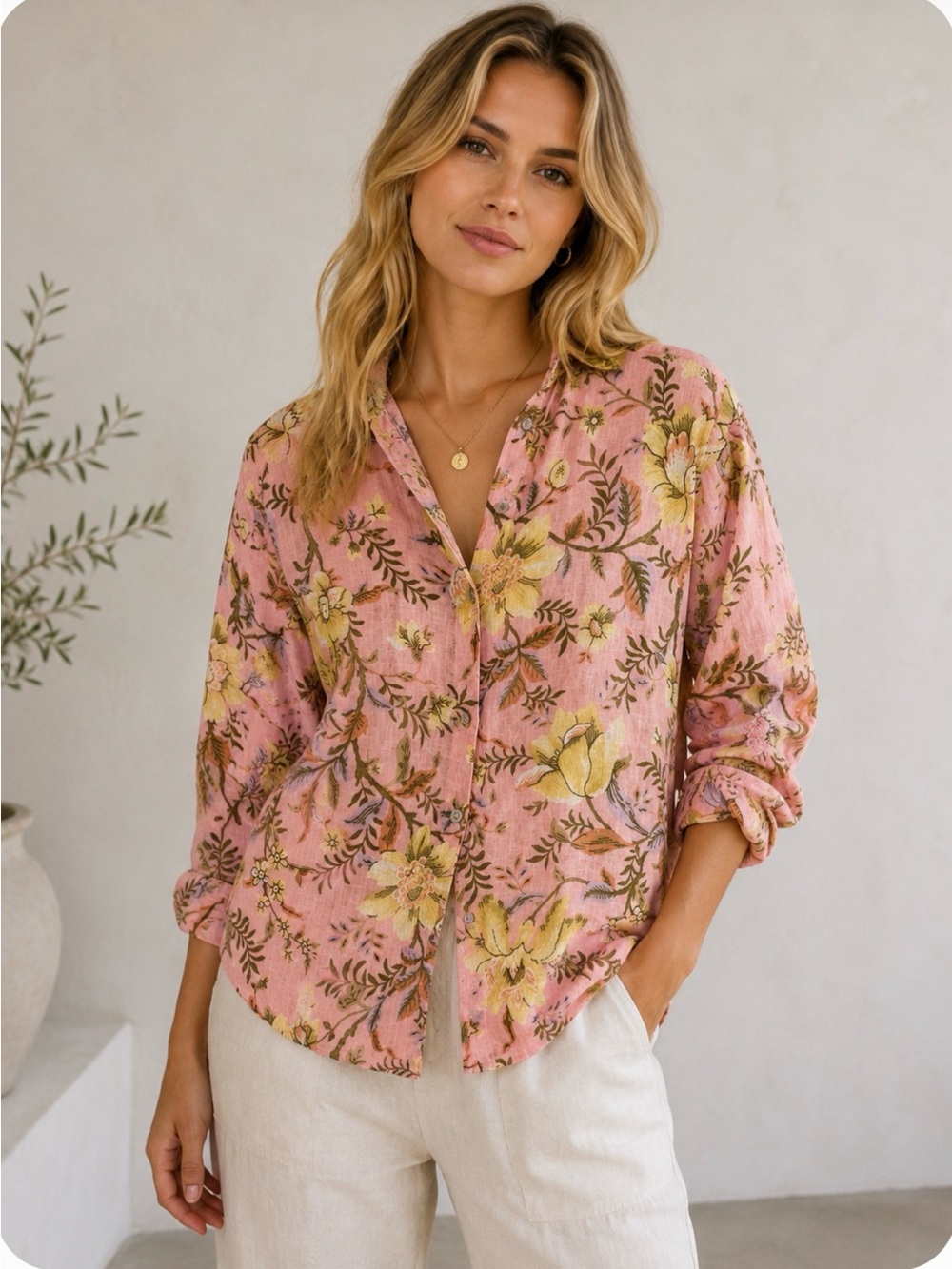 Laura Ashley 100% Linen Floral Button Down Shirt Pink Large NWT